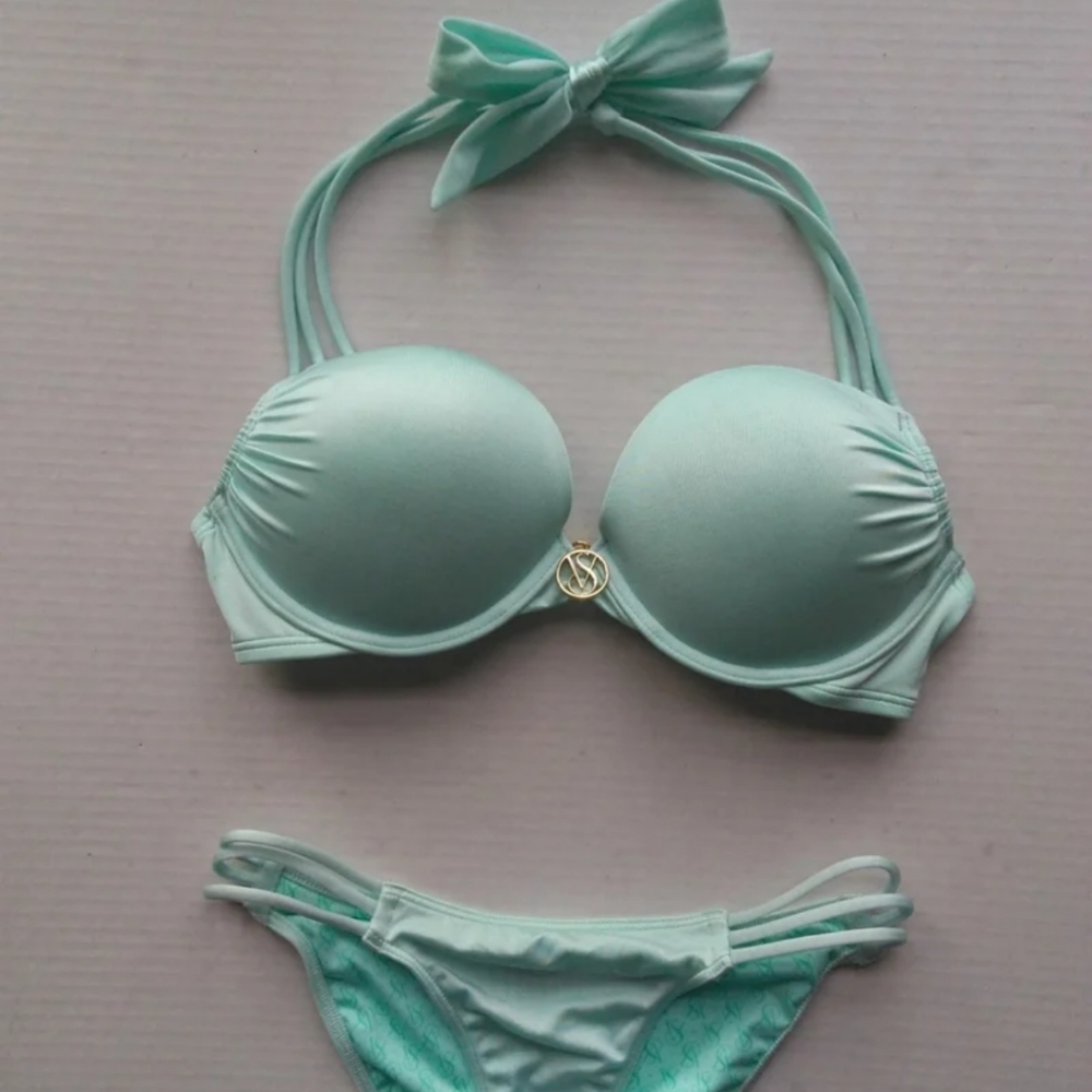 Victoria's Secret Bombshell Bikini~Strappy Aqua Mist!~32C/XS~4pc Set!